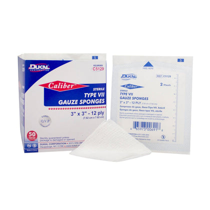 Gauze Sponge, Type VII, Sterile, 3” x 3”, 12-Ply, 2/pk, 50 pk/bx, 24 bx/cs