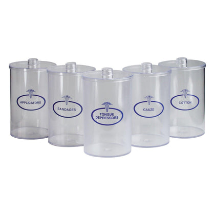 Clear Plastic Sundry Jars, Blue Imprint, Plastic Lids, 6½