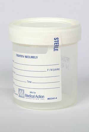 Gent-L-KareÂ® Wide Mouth Specimen Container, 4 oz, Lid, White, Sterility Seal & Label, Graduated In 10mL Increments From 20mL to 120mL, 75/bg, 4 bg/cs (25 cs/plt)