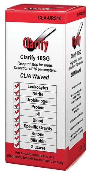 Clarify Urine Reagent Strips, 10SG, CLIA Waived, Visual Read Only, Tests for: Leukocytes, Nitrite, Urobilinogen, Protein, pH, Blood, Specific Gravity, Ketone, Bilirubin, & Glucose, 100 strips/bx