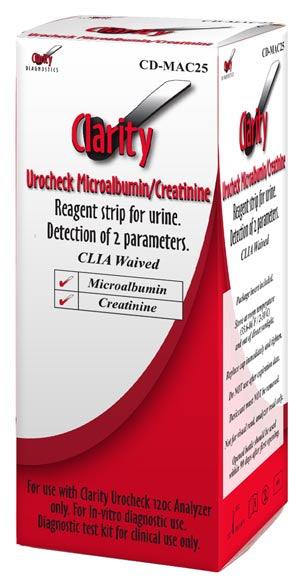 Clarity Urocheck Microalbumin/Creatinine Urine Strips, CLIA Waived, For Use With Clarity Urocheck 120C Urine Analyzer Only, 1 Product Insert, 25 strips/bx