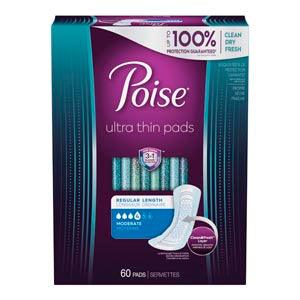 Poise Pads, Ultra Thin, Moderate Absorbent, Regular, 60/pk, 3 pk/cs