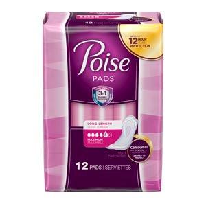 Poise Pads, Maximum, Long, 12/pk, 4 pk/cs