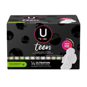 U by Kotex® Super Premium Pad, Ultra Thin, with Wing, Teen, 14/pk, 4 pk/cs